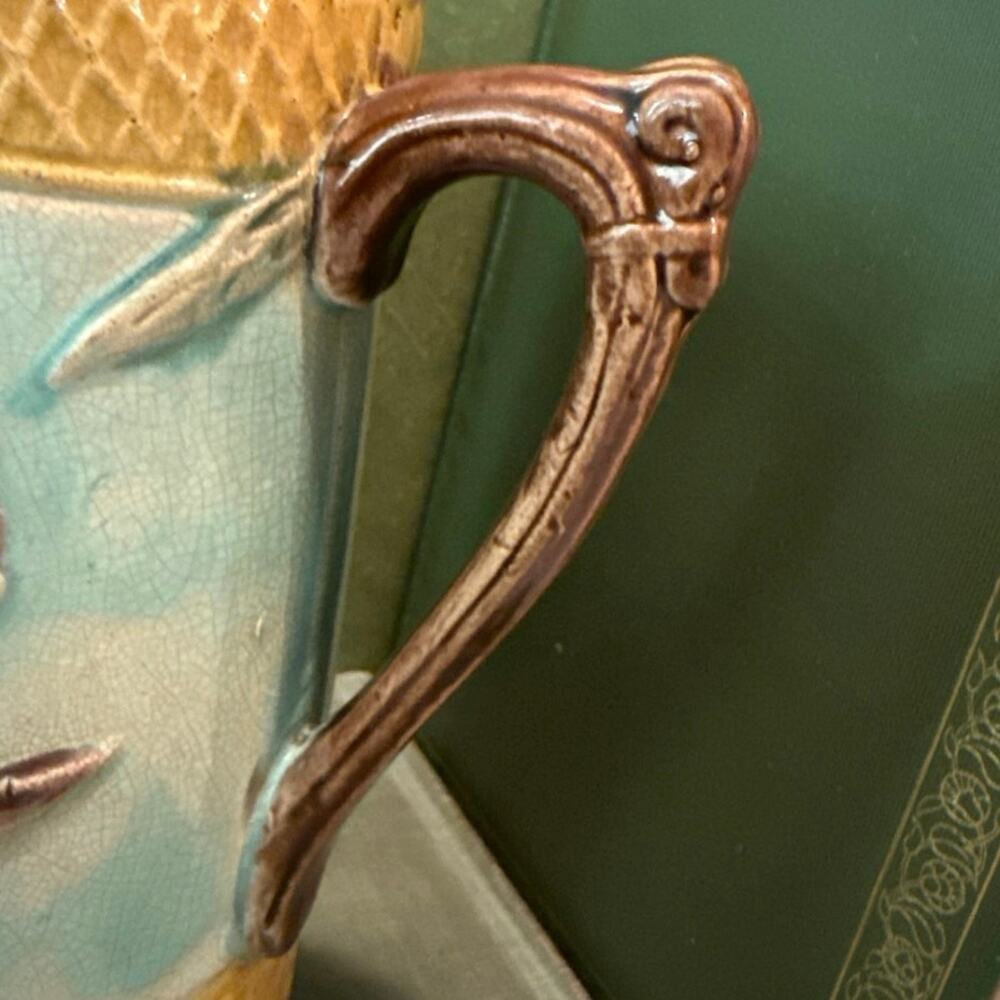 Antique English Majolica Pitcher • Relief Floral • Scroll Handle • c. 1890–1920 - Picture 5 of 14
